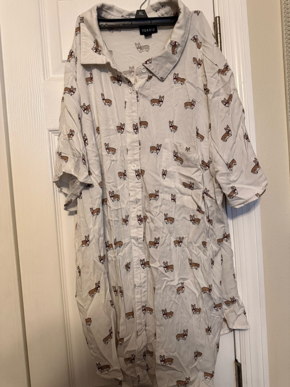 torrid Cream Shirt Dress with Brown Corgi Print and Pink Bow